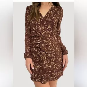 Save The Label Aura Beige/Brown Base Abstract Print Ruched Long Sleeve Dress-M - Picture 1 of 16