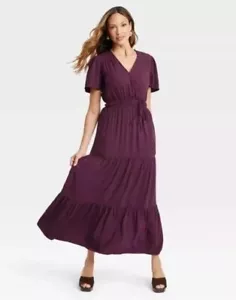 KNOX ROSE A LINE DRESS Faux WRAP Tiered MAXI Purple Sz XS Boho fall style - Picture 1 of 9