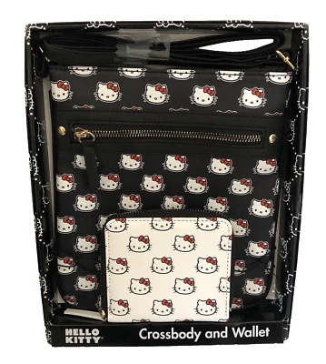 HELLO KITTY Cat Sanrio Black Crossbody Purse Bag, White Wallet, Gift Set Box NEW - Image 1 of 4