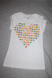 Girls T-Shirt WHITE w/ EMOJI HEART Faces Diamond Poop Crown Burger Star XS 4-5 - Picture 1 of 1