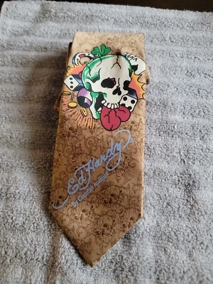 ED HARDY POR CHRISTIAN AUDIGIER HOMBRE CALAVERA DADOS CORBATA CUELLO SEDA MARRÓN Foto 1 de 4