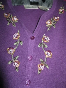 PURPLE S/S CARDIGAN, SZ. S., RAMIE & ACRYLIC, W/ EMBROIDERED FLOWERS  - Picture 1 of 12