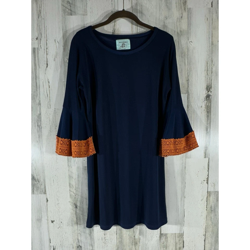 Judith March Shift Dress Size Medium Navy Blue Orange Crochet Flounce Sleeve - Image 1 of 4
