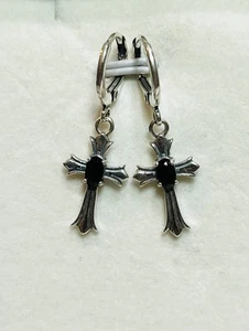 Vintage Style 925 Sterling Silver Natural Black Spinel Cross Hoop Earrings - Picture 1 of 13