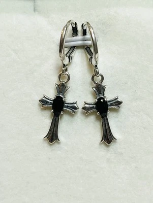 Pendientes de aro cruzados de espinela negra natural de plata de ley 925 estilo vintage Foto 1 de 4