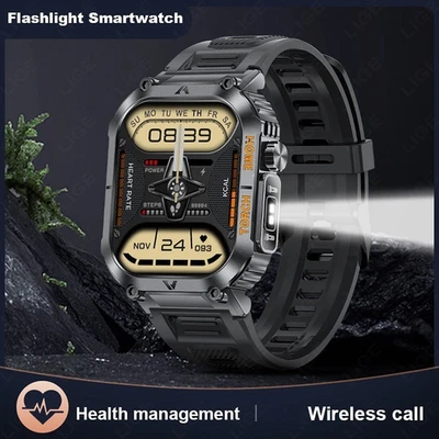 Smart Watch Men Sport Rugged with LED Flashlight 2.02" HD Screen 3ATM Waterproof - Image 1 of 4