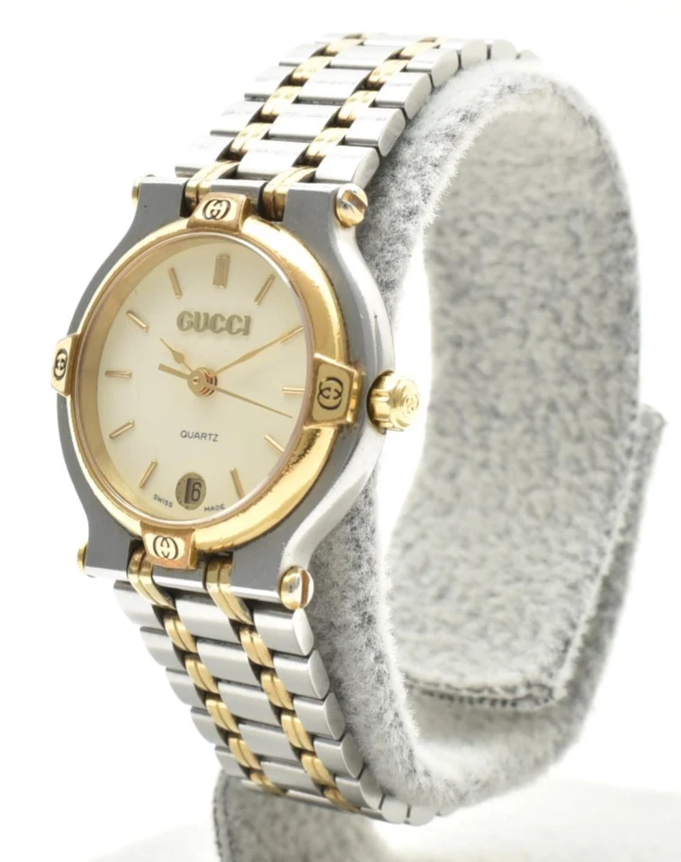 [Quase em perfeito estado] Vintage Gucci 9000L 25mm Marfim Ouro Data Quartzo Relógio Feminino JAPÃO - Imagem 1 de 4