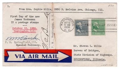 #820 Presidential Series 15c James Buchanan 1938 FDC - Typed Cachet Signed X2 - Image 1 of 2