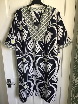 White Stuff Ash Navy Multi Linen Short Sleeve Pocket Tunic Dress Size 16 VGC - Image 1 of 4