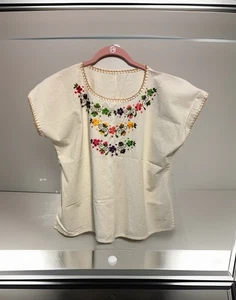 Mexican Embroidered Peasant Top Womens XXL White Floral Boho Festival Blouse - Picture 1 of 8