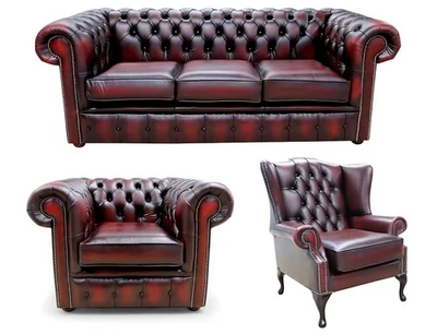 Chesterfield Sofa Suite Premium Oxblood Italian Leather 3 Seater/Club/High Back