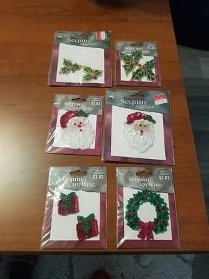 Lote de 6 apliques de lentejuelas navideñas vintage de Papá Noel, corona. Acebo Foto 1 de 4