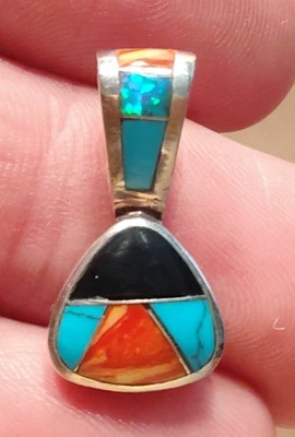 Colgante de plata esterlina nativo americano turquesa coral ónix firmado AD .925 Foto 1 de 4