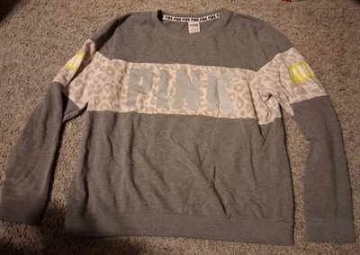 Victoria Secret ROSA Sudadera Mujer Grande Gris Estampado Leopardo Reflectante COMO ESTÁ Foto 1 de 4
