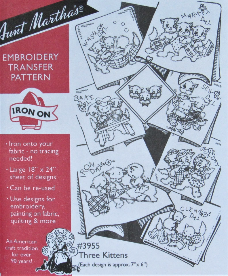Aunt Martha's 3955 Three Kittens Days of Week Towels Embroidery Transfer Pattern - Image 1 of 1