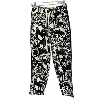 Calça Maeve Anthropologie Feminina XS Floral Pantera Gato Preto Creme Boho Cônico - Imagem 1 de 4