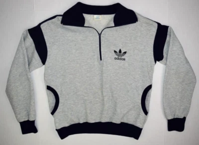 Sudadera Vintage Adidas Talla M Años 70, 80 Gris Borde Oscuro 1/4 Cremallera Cuello Foto 1 de 4