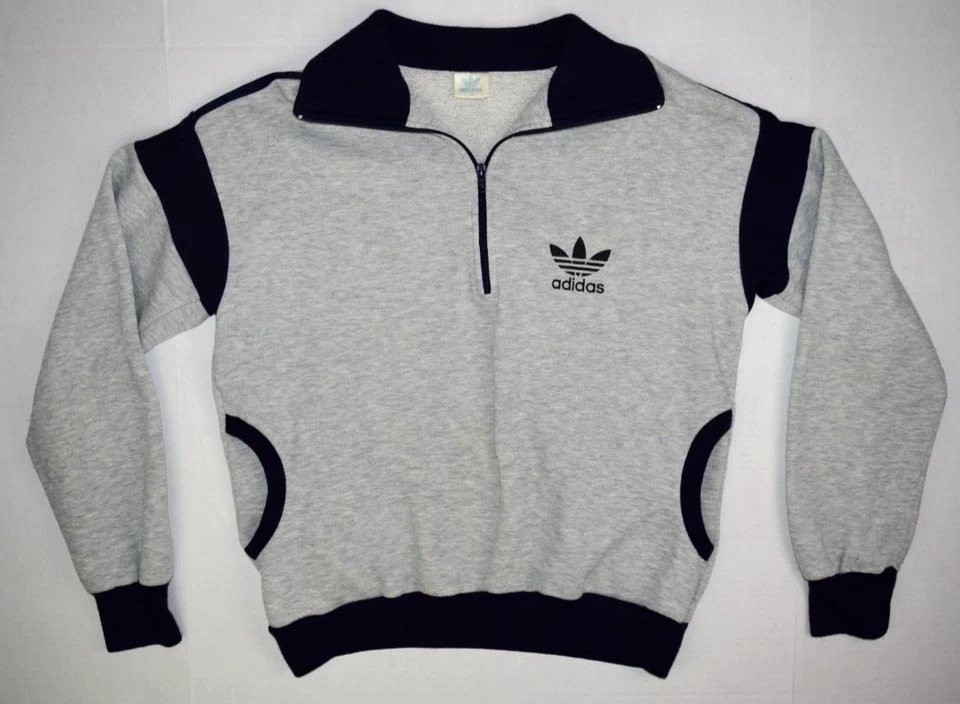 Sudadera Vintage Adidas Talla M Años 70, 80 Gris Borde Oscuro 1/4 Cremallera Cuello Foto 1 de 4