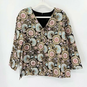 J. Crew Collection Gilded Floral Jacquard Blouse Sz 10 Gold V-Neck 3/4 Sleeve - Picture 1 of 9