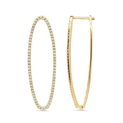 Unique Oval Hoop Split Diamond Earrings 14K Yellow Gold 0.42 CT Natural Drop - Image 1 of 4