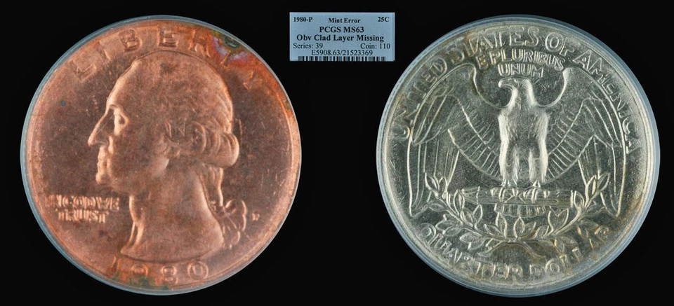 1980-P 25C PCGS MS63 Obv Clad Layer Missing (Washington Quarter Mint Error) 69 - Image 1 of 1