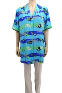 Atemberaubende ESCADA blau gestreifte tropische Fischmuster 100 % Seide Bluse Gr. EU 36 US 6 - Bild 1 von 5