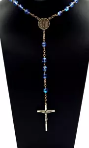 Collar Rosario De Colección Cuentas Azules Crucifijo 30" Nuestra Señora de las Nieves 5 Apariciones - Imagen 1 de 3