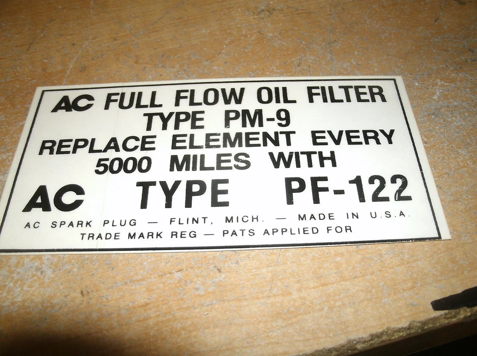 Calcomanía de filtro de aceite Oldsmobile Super 88 Dynamic Rocket 98 AC tipo pm-9 1949-199 Foto 1 de 1