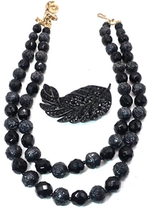 Vintage Designer Lisner Jewelry: 2 Strand 17" Necklace 2" Rhinestone Feather Pin - Picture 1 of 10