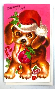 Biglietto di Natale Carrington Co. vintage anni 60 con busta simpatico cucciolo cane Babbo Natale - Foto 1 di 3