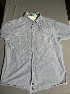 Camisa impermeable vintage con cuello para hombre L azul denim manga corta abotonada Foto 1 de 4