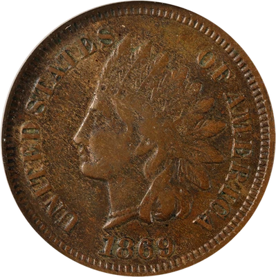 Centavo indio 1869 ANACS VF20 excelente atractivo visual fuerte golpe Foto 1 de 4