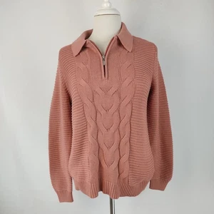 Established Women Jumper Size 10 Pink Cable Knit Half Zip Cotton Acrylic - Picture 1 of 11