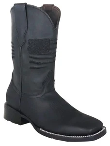 Kids Genuine Leather Patriot USA Western Wide Square Toe Black Boots Handcrafted - Picture 1 of 7
