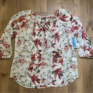 Neu mit Etikett!! Olive Hill Bluse, transparent, geblümt, Bauern, vorne zum Binden, Ballonärmel, S - Bild 1 von 11