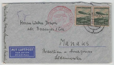 D. Reich Nr. 607 (2) MeF Luftpostbrief BREMEN 1936 nach MANAUS, Brasilien [262] - Bild 1 von 2