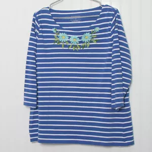 Talbots Blue Striped Floral Embroidered Boat Neck 3/4 Sleeve Cotton Top 2x - Picture 1 of 8