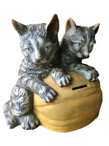 Cat Piggy Bank Pumpkin Halloween Ceramic twins Gray Kittens - Picture 1 of 8