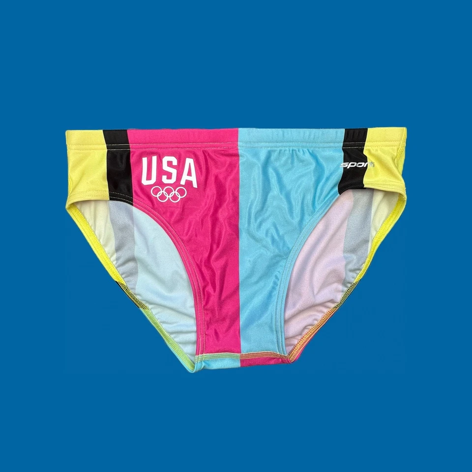 Equipo EE. UU. Estampado Personalizado Para Hombres Pop Splash Rosa Azul Rayas Calzoncillo de Natación Traje de Baño Foto 1 de 4