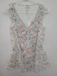LC Lauren Conrad shirt Womens XS white Bird Sleeveless Peplum Top Blouse Ruffle - Picture 1 of 7