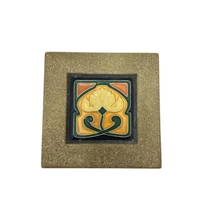 Art Nouveau Trivet Wall Hanging Home Decor Stone Frame Yellow Green Flower AS IS - Picture 1 of 6