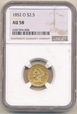 1852 O $2.5 Gold Liberty Quarter Eagle AU 58 "Slider BU!" - Image 1 of 4