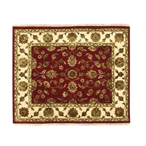 4'1"x5' Red Hand Knotted Wool and Silk Rajasthan Leaf Design Squarish Rug R75606 - Bild 1 von 7