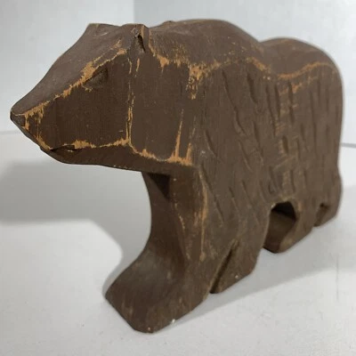 Vintage Hand Carved Primitive Wooden Brown Bear Folk Art Sculpture Figurine - Image 1 of 4