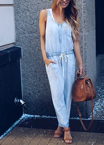 Charlie Charlie Charlotte Chambray Jumpsuit Size M Button-Up Drawstring NWT - Picture 1 of 12