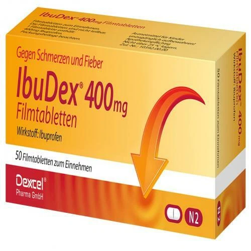DEXCEL PHARMA GMBH IBUDEX 400mg Ibuprofen 50 Filmtabletten gegen Schmerzen und Fieber PZN: 9294687