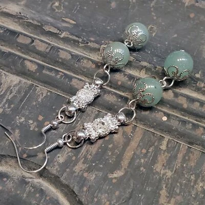 Malaysia Jade Gemstone Lacy Silver Clear Crystal Dangle Earrings - Image 1 of 4