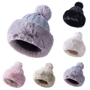 WINTER FLEECE TRIM POM POM LINED BOBBLE WITH FAUX FUR LADIES LUXURY BEANIE HAT - Picture 1 of 14