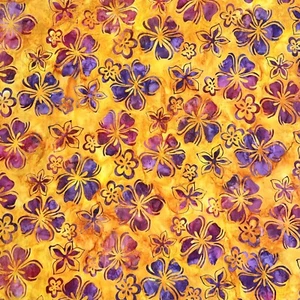 By 1/2 Yard Gorgeous Flower Power Purple Pink Floral on Orange BATIK Fabric - Picture 1 of 4