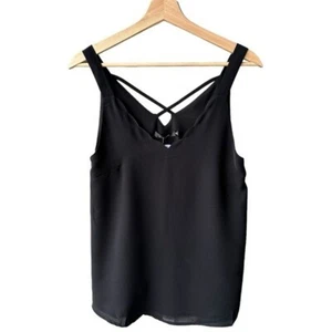 Doe & Rae Blouse Tank Top Black Scallop Criss Criss Back Academia Preppy Small - Picture 1 of 6